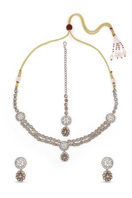 round and flower design 2 layer necklace antique gold plated long haram jewellery set for women 4