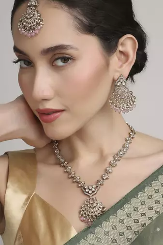 stylish flower and chandelier design kundan antique gold plated long haram jewellery set for women