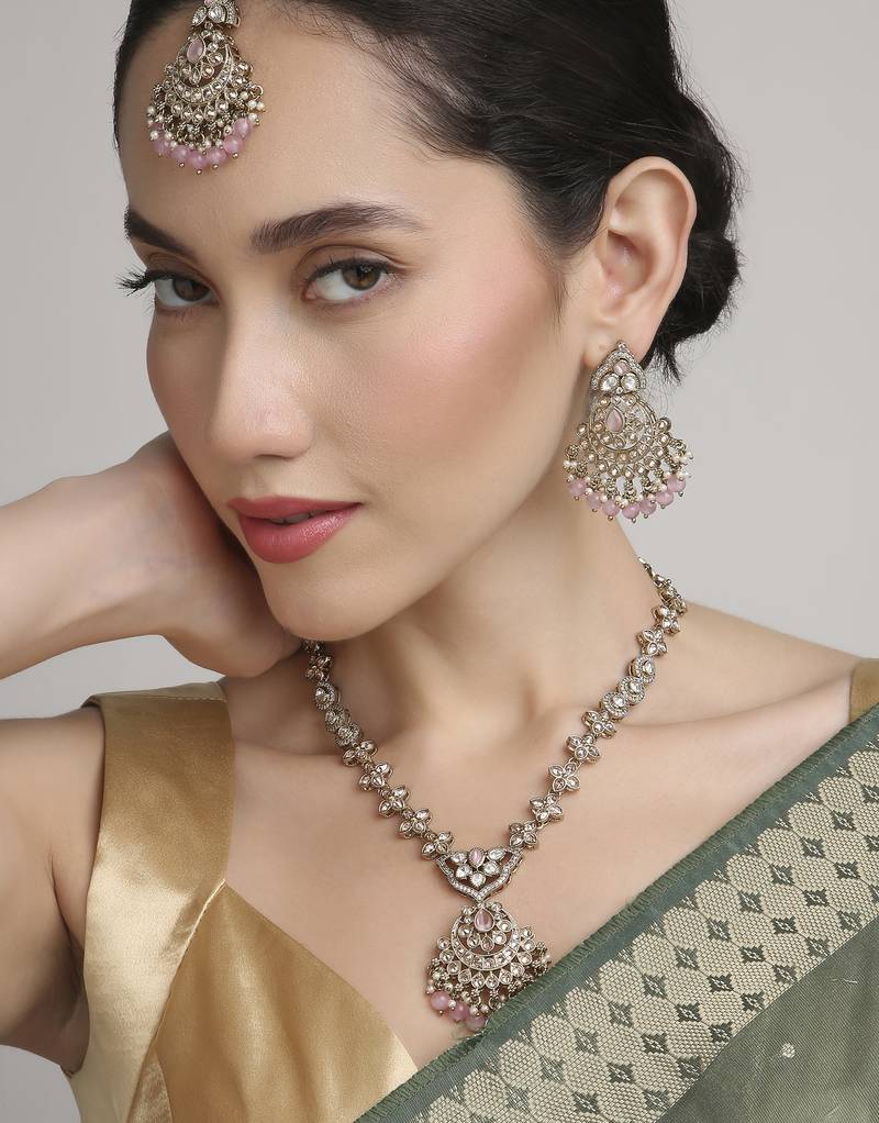 stylish flower and chandelier design kundan antique gold plated long haram jewellery set for women