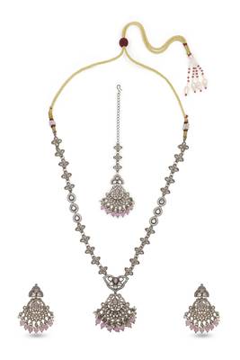 stylish flower and chandelier design kundan antique gold plated long haram jewellery set for women 3
