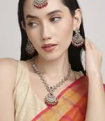 superb flower and chandelier design kundan antique gold plated long haram jewellery set for women