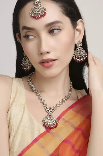 superb flower and chandelier design kundan antique gold plated long haram jewellery set for women