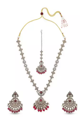 superb flower and chandelier design kundan antique gold plated long haram jewellery set for women