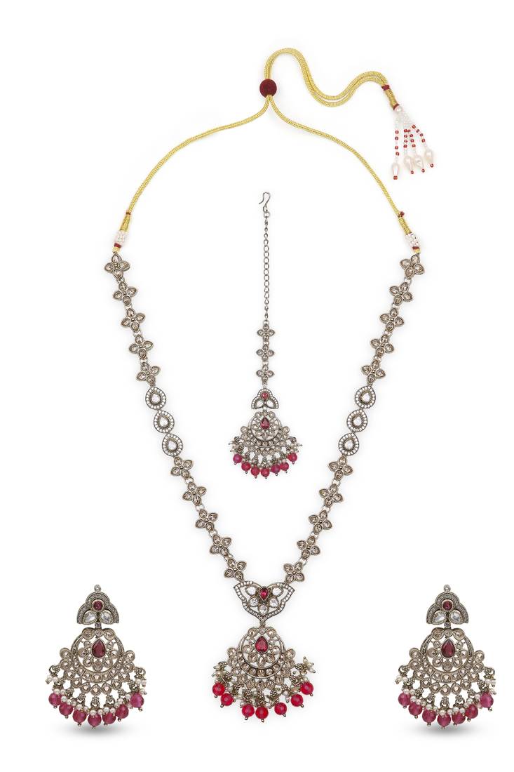 superb flower and chandelier design kundan antique gold plated long haram jewellery set for women