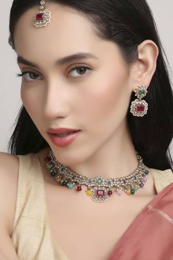 modern square and round shape kundan antique gold plated choker jewellery set for women