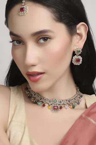 modern square and round shape kundan antique gold plated choker jewellery set for women