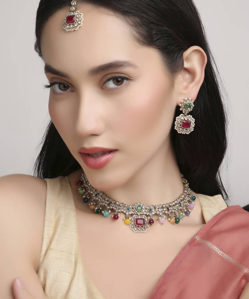 modern square and round shape kundan antique gold plated choker jewellery set for women