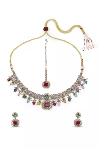 modern square and round shape kundan antique gold plated choker jewellery set for women