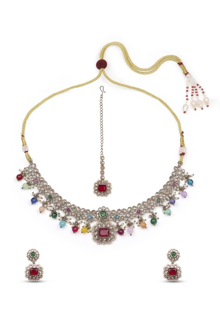 modern square and round shape kundan antique gold plated choker jewellery set for women