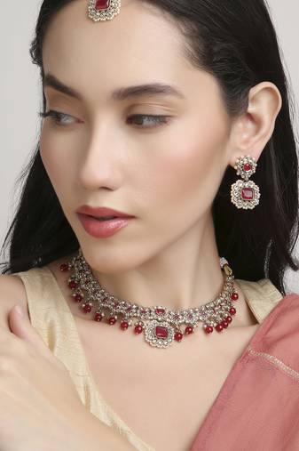 modish square and round shape kundan antique gold plated choker jewellery set for women