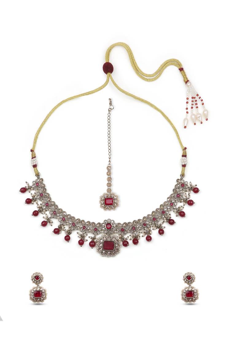 modish square and round shape kundan antique gold plated choker jewellery set for women