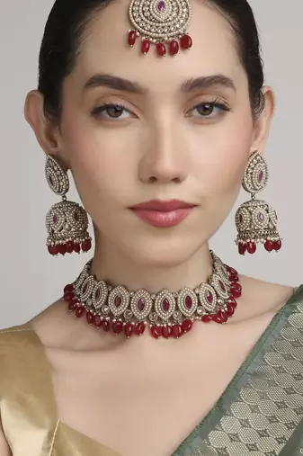 stylish oval shape red beads kundan antique gold plated choker jewellery set for women