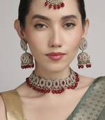 stylish oval shape red beads kundan antique gold plated choker jewellery set for women