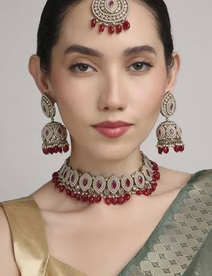 stylish oval shape red beads kundan antique gold plated choker jewellery set for women 2