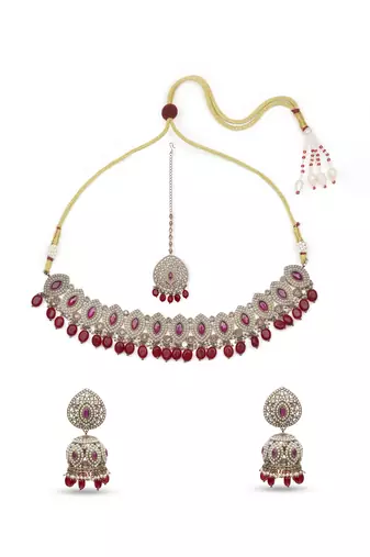 stylish oval shape red beads kundan antique gold plated choker jewellery set for women