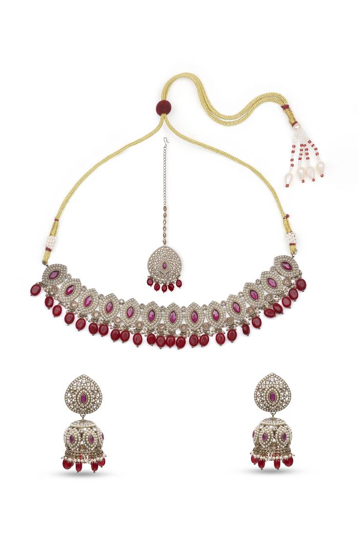 stylish oval shape red beads kundan antique gold plated choker jewellery set for women