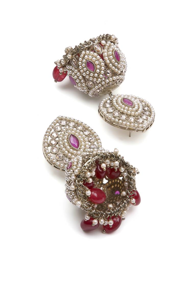 stylish oval shape red beads kundan antique gold plated choker jewellery set for women
