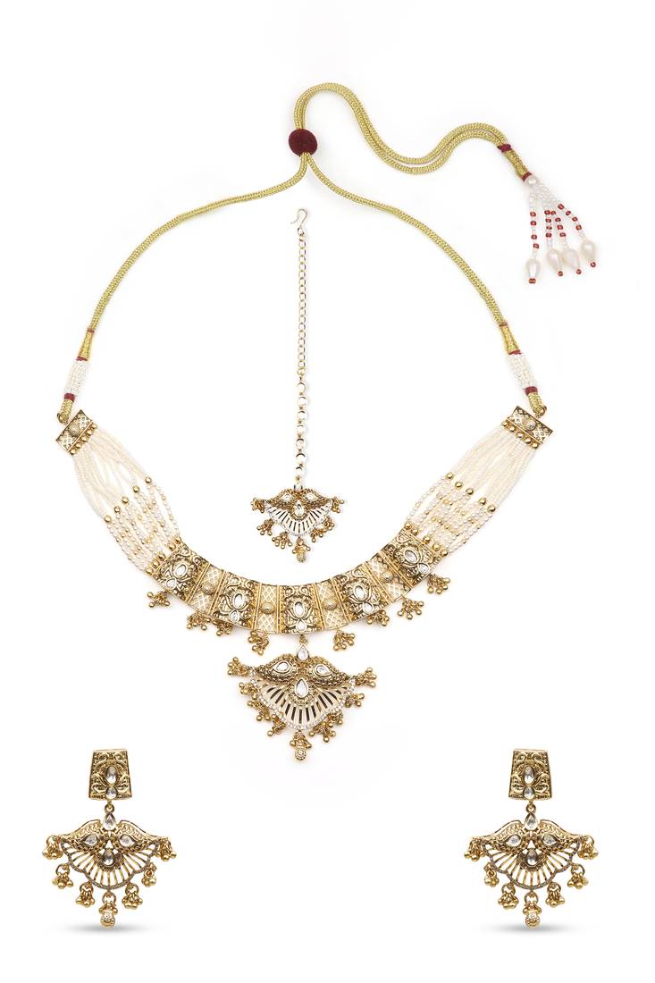 glimmery oval and leaf pearl lariat brass kundan antique gold plated choker jewellery set for women