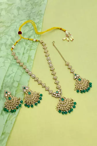 creative oval and flower chandelier shape kundan antique gold plated choker jewellery set for women