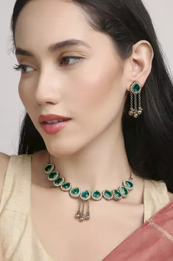 attractive oval shape green kundan antique gold plated choker necklace set for women