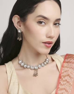 graceful oval shape white kundan antique gold plated choker necklace set for women 1
