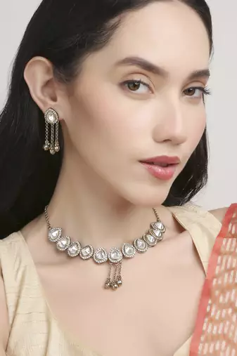 graceful oval shape white kundan antique gold plated choker necklace set for women