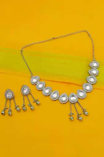 graceful oval shape white kundan antique gold plated choker necklace set for women