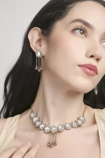 graceful oval shape white kundan antique gold plated choker necklace set for women