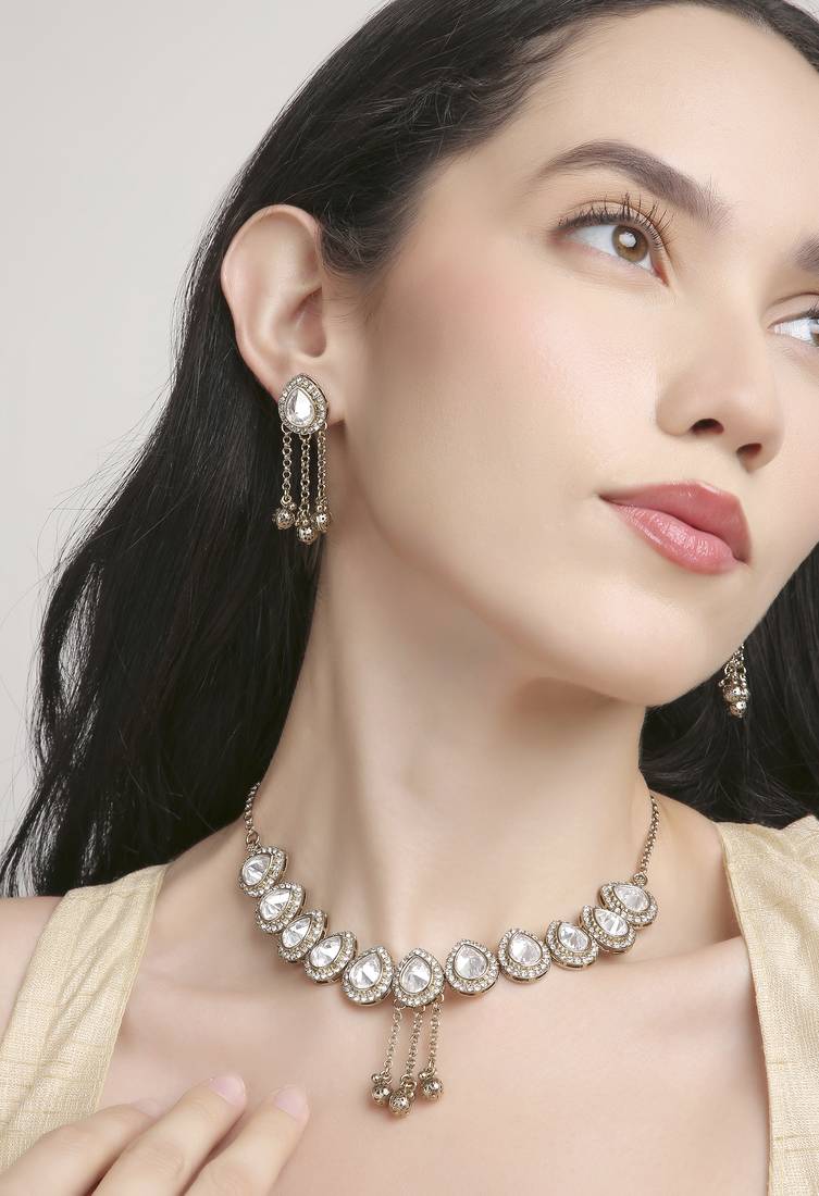 graceful oval shape white kundan antique gold plated choker necklace set for women