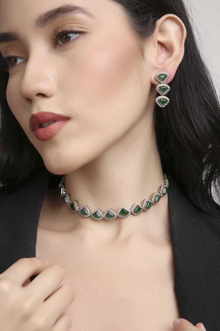 lavish traingle shape green kundan brass antique gold plated choker necklace set for women