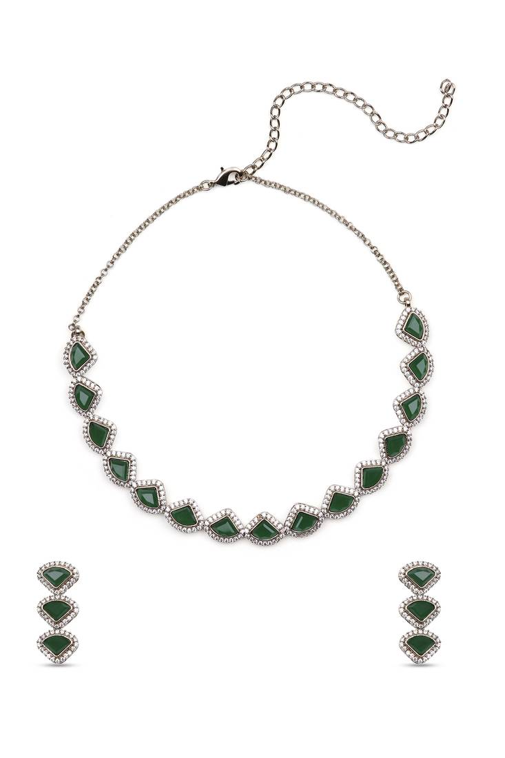 lavish traingle shape green kundan brass antique gold plated choker necklace set for women