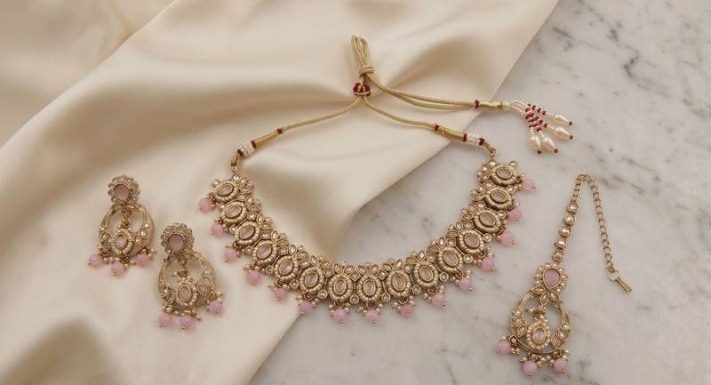 splendid oval and leaf shape pink pearl kundan gold plated choker jewellery set for women