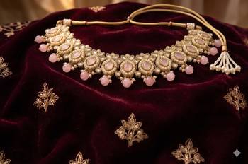 splendid oval and leaf shape pink pearl kundan gold plated choker jewellery set for women 4