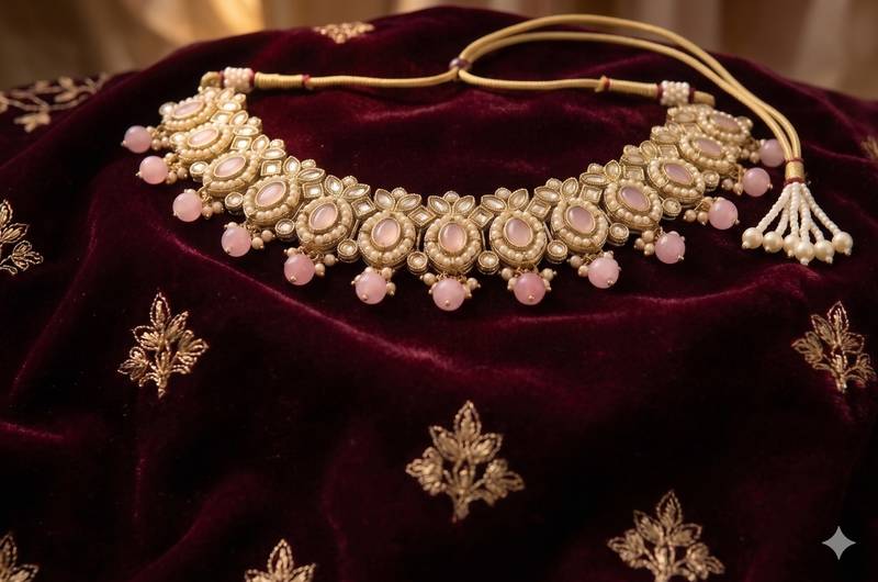 splendid oval and leaf shape pink pearl kundan gold plated choker jewellery set for women