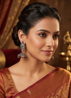 Oxidized silver ethnic jhumka earrings with pink & green stones 1