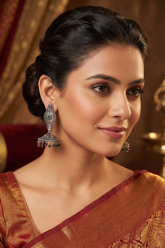 Oxidized silver ethnic jhumka earrings with pink & green stones