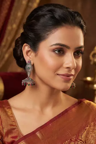 Oxidized silver ethnic jhumka earrings with pink & green stones