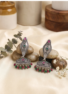 Oxidized silver ethnic jhumka earrings with pink & green stones 2