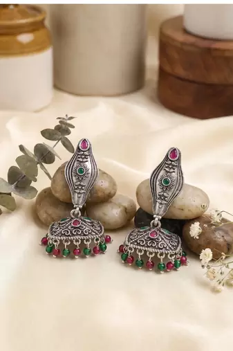 Oxidized silver ethnic jhumka earrings with pink & green stones