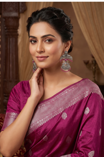 Oxidized silver peacock chandbali earrings with pink beads