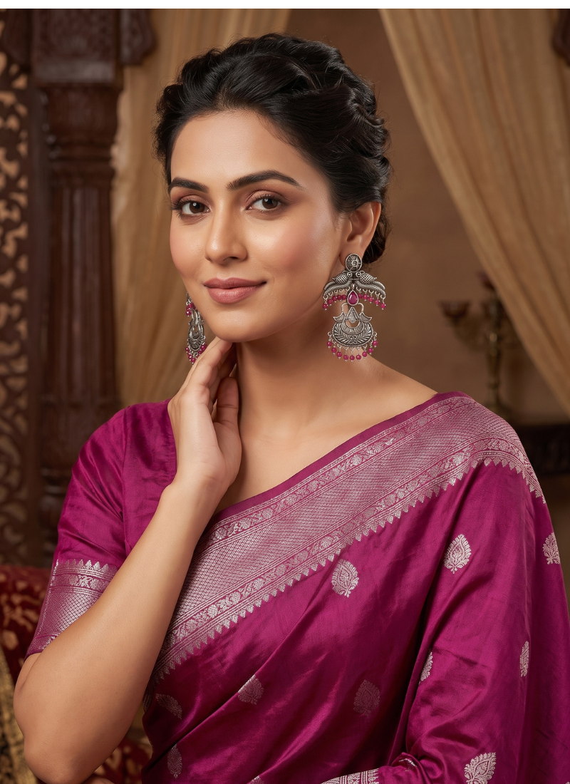 Oxidized silver peacock chandbali earrings with pink beads