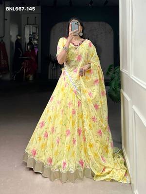 yellow art silk printed lehenga choli 1