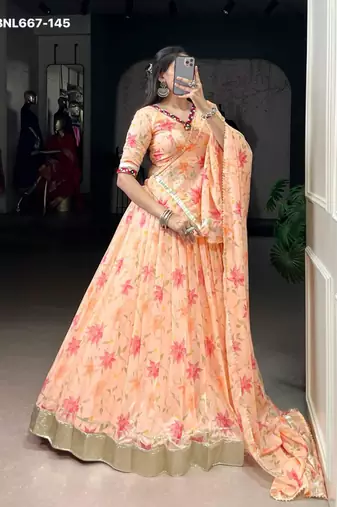 peach art silk printed lehenga choli