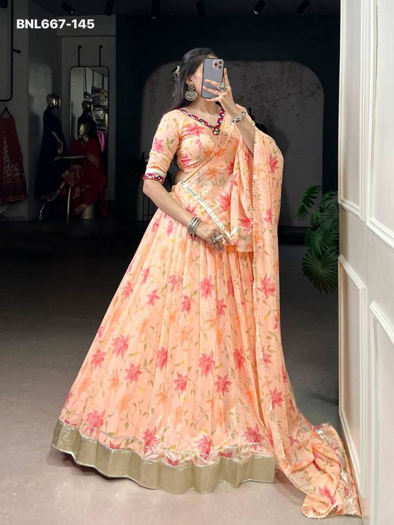 peach art silk printed lehenga choli