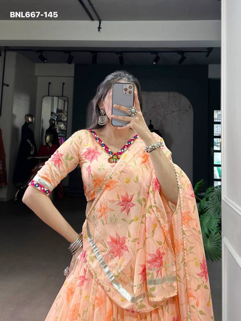 peach art silk printed lehenga choli