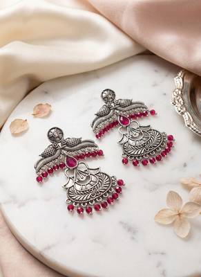 Oxidized silver peacock chandbali earrings with pink beads 2