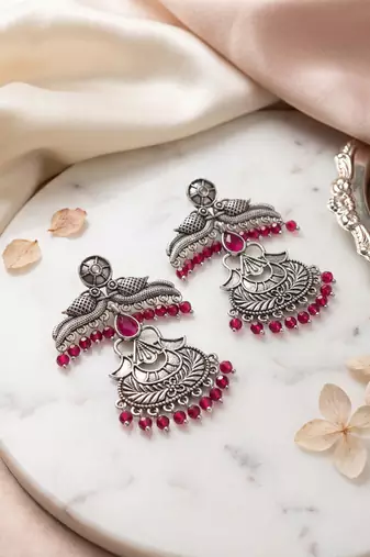 Oxidized silver peacock chandbali earrings with pink beads