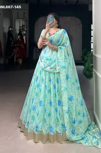 blue art silk printed lehenga choli