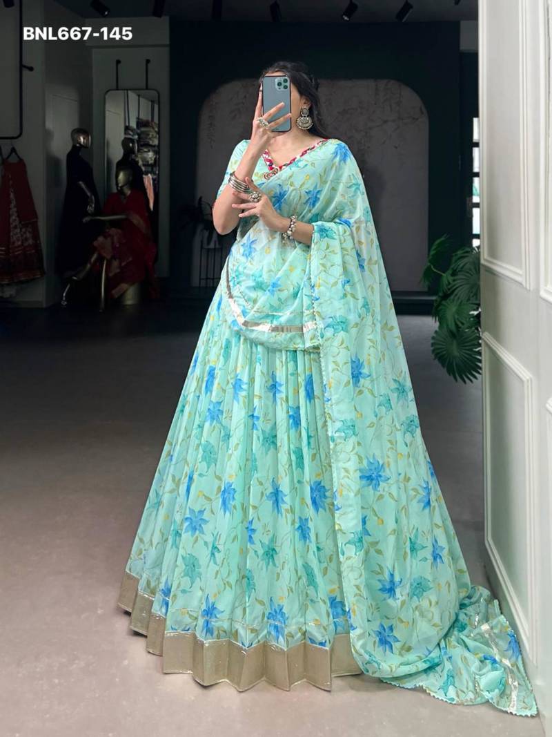 blue art silk printed lehenga choli