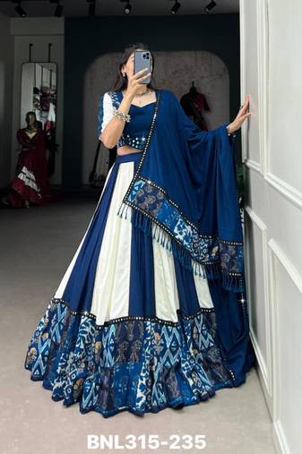 royal blue rayon printed lehenga choli